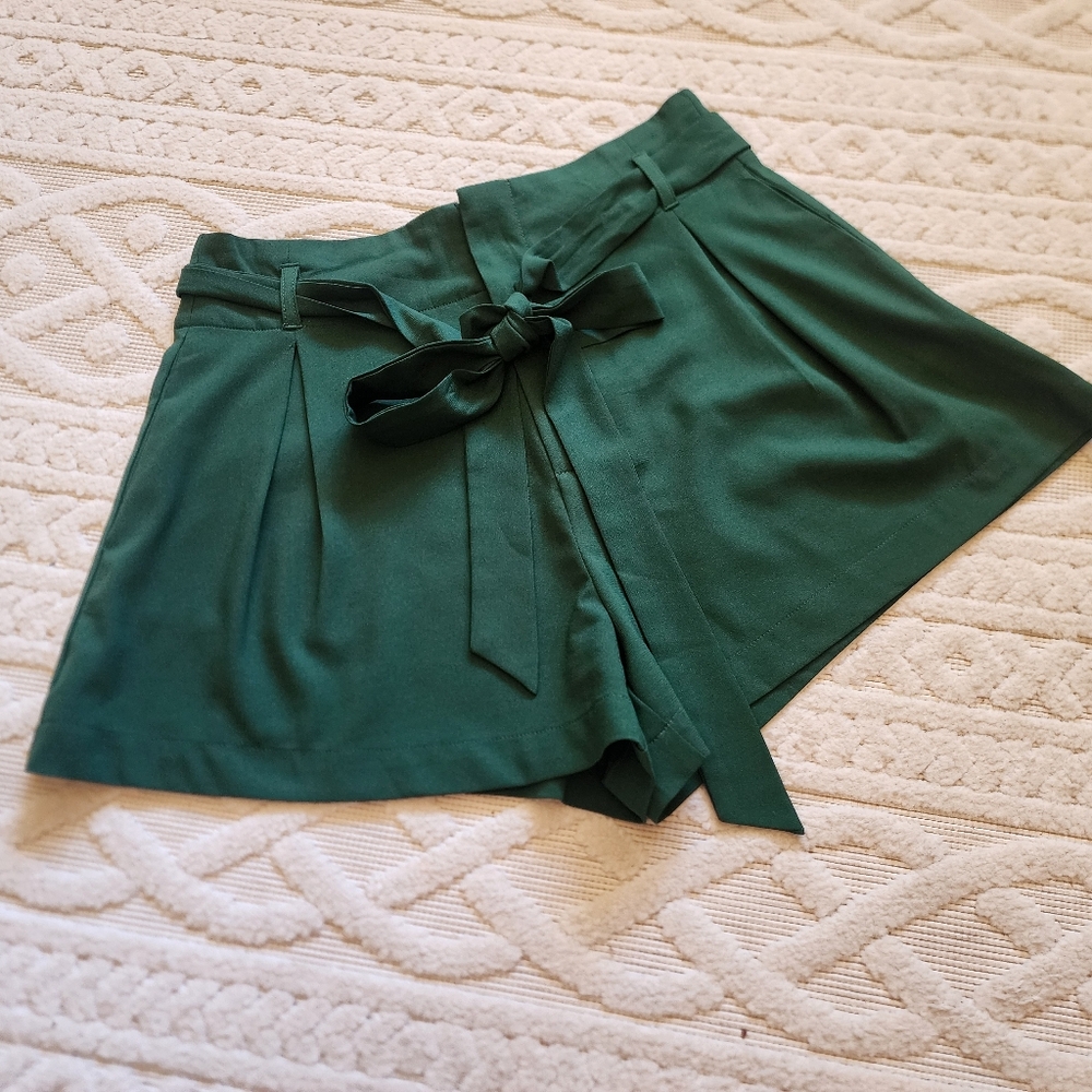 S High Waist Green Women's Shorts With Tie